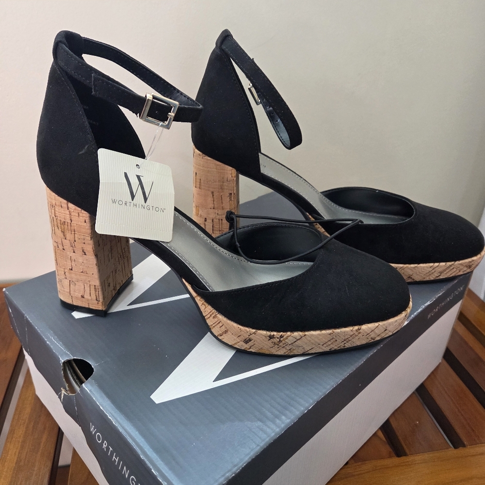 Worthington Women's Wor Panama Black  with Cork Block Heel Size 8.5, 9.5,10 NEW